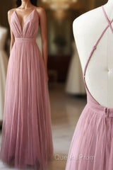 Simple Tulle Long Evening Prom Dress, A Line Backless Evening Dress