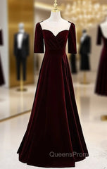 Burgudny Velvet Square Short Sleeve Pleats Evening Prom Dress