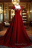 Burgundy A Line Beaded Velvet Long Evening Prom Dress