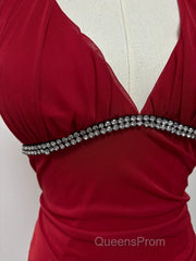 Burgundy A-Line Halter V Neck Chiffon Backless Evening Prom Dress,Bridesmaid Dress With Ankle Length