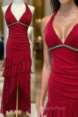 Burgundy A-Line Halter V Neck Chiffon Backless Evening Prom Dress,Bridesmaid Dress With Ankle Length