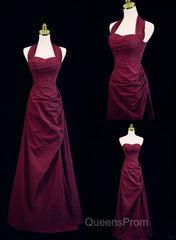 Burgundy A-Line Halter Vintage Style Evening Prom Dress, Burgundy Long Evening Dress