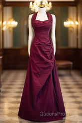 Burgundy A-Line Halter Vintage Style Evening Prom Dress, Burgundy Long Evening Dress