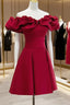 Burgundy A-Line Off Shoulder Satin Short Evening Prom Dress, Burgundy Homecoming Dress