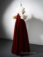 Burgundy A-Line Off Shoulder Velvet Lace Long Evening Prom Dress, Burgundy Long Formal Dress