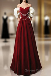 Burgundy A-Line Off Shoulder Velvet Lace Long Evening Prom Dress, Burgundy Long Formal Dress
