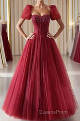 Burgundy A line tulle beads long Evening Prom Dress burgundy formal Dress