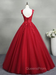 Burgundy A-Line Tulle Lace Long Evening Prom Dress, Burgundy Evening Dress