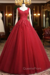 Burgundy A-Line Tulle Lace Long Evening Prom Dress, Burgundy Evening Dress