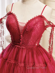 Burgundy A-Line Tulle Lace Short Evening Prom Dress, Burgundy Homecoming Dress