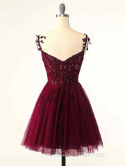 Burgundy A-Line Tulle Lace Short Evening Prom Dress, Cute Burgundy Homecoming Dress