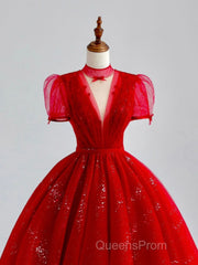 Burgundy A-Line Tulle Sequin Long Evening Prom Dress, Burgundy Formal Dress