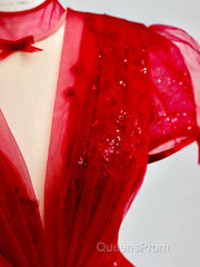 Burgundy A-Line Tulle Sequin Long Evening Prom Dress, Burgundy Formal Dress