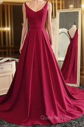 Burgundy A Line V Neck Sweep Train Open Back Satin Long Evening Prom Dress, V Neck Burgundy Formal Dress, Backless Evening Dress