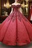 Burgundy Ball Gown Lace Off the Shoulder Appliques Beading Evening Prom Dress