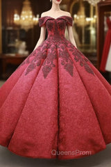 Burgundy Ball Gown Lace Off the Shoulder Appliques Beading Evening Prom Dress