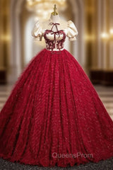 Burgundy Ball Gown Puff Sleeve Quinceanera Dress