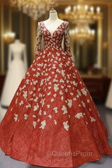 Burgundy Ball Gown Sequins Appliques Deep V-neck Long Sleeve Evening Prom Dress