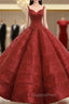 Burgundy Ball Gown Sequins Straps Backless Wedding Dress