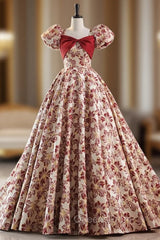 Burgundy Ball Gown Square Puff Sleeve Evening Prom Dress