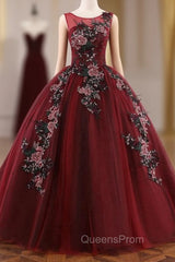 Burgundy Ball Gown Tulle Appliques Quinceanera Dress