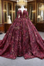 Burgundy Ball Gown Tulle Sequins Long Sleeve Evening Prom Dress