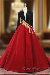 Burgundy Black Velvet Long Sleeve Beading Evening Prom Dress