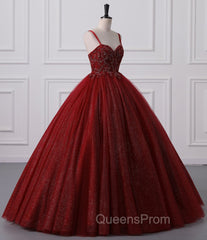 Burgundy Bling Tulle Ball gowns Long Evening Prom Dress with Embroidered Sequins