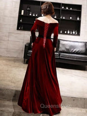 Burgundy Classic Evening Dress Velvet Long Sleeve Off Shoulder Evening Prom Dress