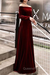Burgundy Classic Evening Dress Velvet Long Sleeve Off Shoulder Evening Prom Dress