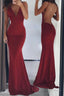 Burgundy Evening Gowns Stretchy Spaghettis Straps Backless Column Prom Dresses