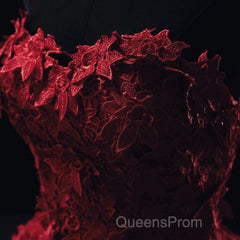 Burgundy Floral Lace Sweetheart Tulle Ball Gown Wedding Dress