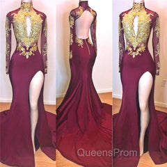Burgundy Gold Appliques Long Sleevess Side Slit Open Back Mermaid Evening Prom Dress