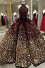 Burgundy Gold Sequins Halter Evening Prom Dress
