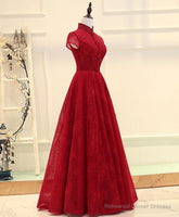 Burgundy High Low Lace Long Prom Dress, Burgundy Evening Dress