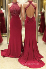 Burgundy high neck lace mermaid long Evening Prom Dress, lace evening Dress