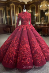 Burgundy High Neck Long Sleeve Appliques Evening Prom Dress
