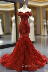 Burgundy Lace Mermaid Off The Shoulder Evening Prom Dress With Beading