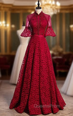 Burgundy Lace Short Sleeve Handwork Beading Evening Prom Dress