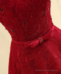 Burgundy Line Lace Long Prom Dress, Burgundy Evening Dress