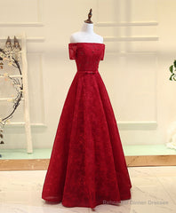 Burgundy Line Lace Long Prom Dress, Burgundy Evening Dress