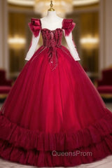 Burgundy Long Sleeve Tulle Sequins Quinceanera Dress
