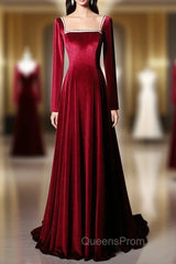 Burgundy Long Sleeve Velvet Beading Evening Prom Dress
