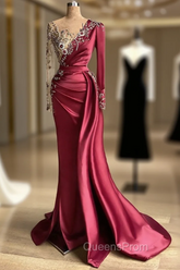 Burgundy Long Sleeves Mermaid Evening Prom Dress With Beadings