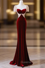 Burgundy Memraid Velvet Short Sleeve Beading Evening Prom Dress