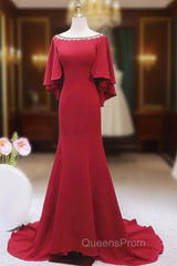 Burgundy Mermaid Bateau Beading Evening Prom Dress