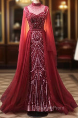 Burgundy Mermaid High Neck Beading Evening Prom Dress