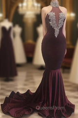 Burgundy Mermaid High Neck Velvet Evening Prom Dress