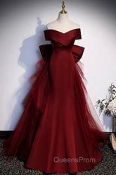 Burgundy Mermaid Long Evening Prom Dress, Off the Shoulder V-Neck Evening Dress