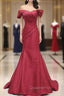 Burgundy Mermaid Satin Off the Shoulder Pleats Evening Prom Dress